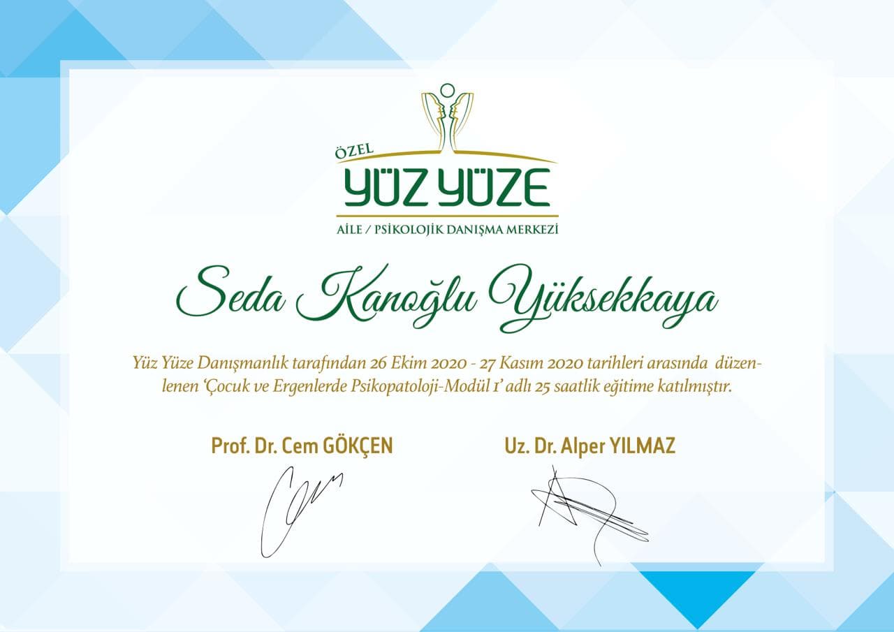 Uzm. Dr. Seda Kanoğlu Yüksekkaya — eğitim katılım belgesi